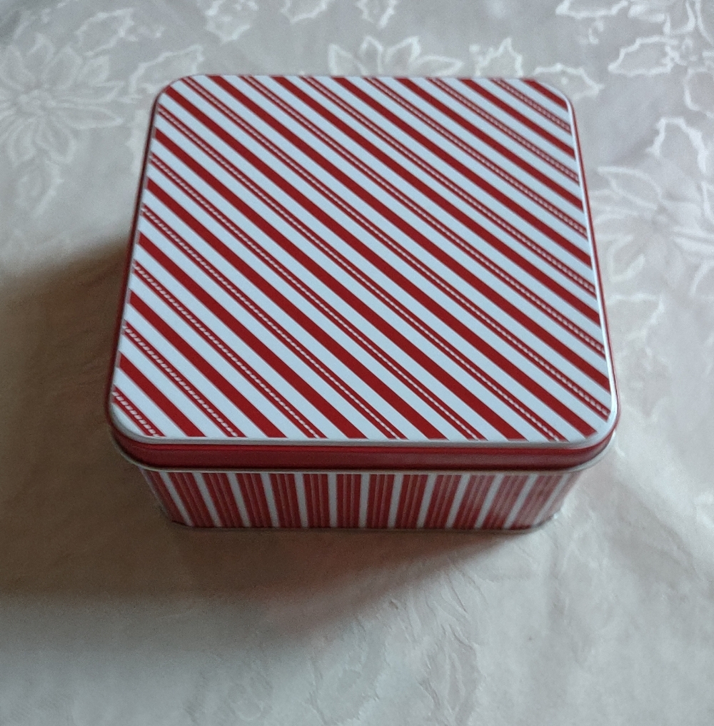 Red and White Striped Tin Box With Lid